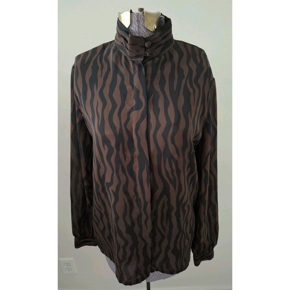 Vtg 80s Blouse Women's Black Brown Animal Print Mock Neck Button Up Office Sz 8